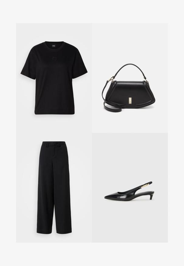 Mustmust särk, millel on ümar kaelus, lühikesed varrukad ja tindiga tikitud logo rinnal. Lihtne, mugav lõige ilma mustriteta.; Mustad laiad püksid siledast kangast, millel on sirge esiosa, volditud detailid ja vööloopidega vöökoht.; Mustad nahast slingback kontsad terava ninaga, millel on õhuke konts ja kuldse tooni aktsent reguleeritaval rihmal. Sile tekstuur.; Must mustrist käekott, millel on struktureeritud disain, lühendatud kuju, ülemine käepide ja kuldne metallist detail. Reguleeritav õlalihm on kaasas.