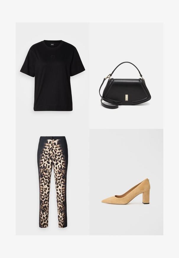 Black cotton t-shirt with a crew neckline, short sleeves, and an embroidered logo on the chest. Simple, relaxed fit with no patterns.; Leopard print trousers with a slim fit, featuring a black waistband and a glossy finish. The pattern has beige and dark brown spots.; Beige suede high-heeled pump with a pointed toe and a chunky block heel. The material has a soft texture with a smooth finish.; Black leather handbag with a structured design, featuring a cropped shape, top handle, and gold hardware accent. Adjustable shoulder strap included.