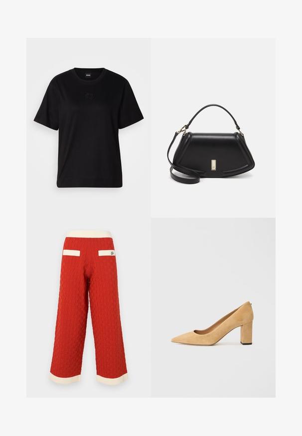 Black cotton t-shirt with a crew neckline, short sleeves, and an embroidered logo on the chest. Simple, relaxed fit with no patterns.; Red textured wide-leg pants with a grid pattern, featuring cream-colored ribbed waistband and pocket accents.; Beige suede high-heeled pump with a pointed toe and a chunky block heel. The material has a soft texture with a smooth finish.; Black leather handbag with a structured design, featuring a cropped shape, top handle, and gold hardware accent. Adjustable shoulder strap included.