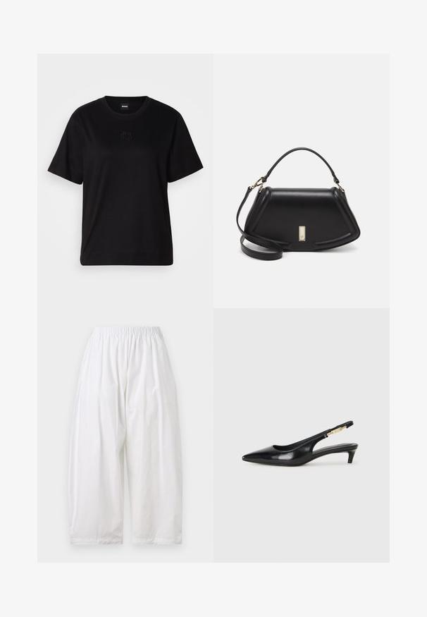 Black cotton t-shirt with a crew neckline, short sleeves, and an embroidered logo on the chest. Simple, relaxed fit with no patterns.; White, relaxed-fit pants with an elasticated waistband. Made from lightweight fabric with a smooth texture. Cropped length and no visible fastenings.; Black leather slingback heels with a pointed toe, featuring a slim heel and a gold-tone accent on the adjustable strap. Smooth texture.; Black leather handbag with a structured design, featuring a cropped shape, top handle, and gold hardware accent. Adjustable shoulder strap included.