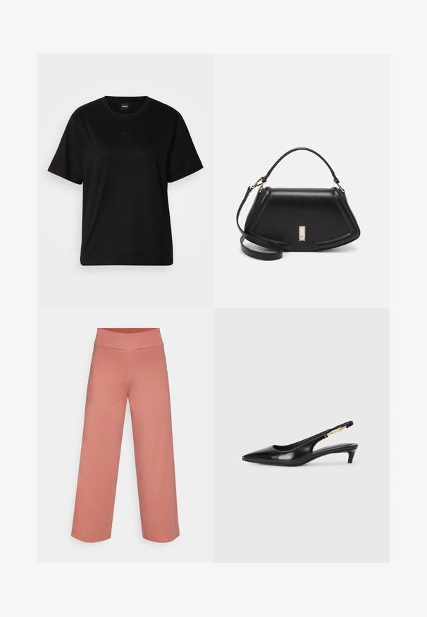 Čierne bavlnené tričko s okrúhlym výstrihom, krátkymi rukávmi a vyšívaným logom na hrudi. Jednoduchý, voľný strih bez vzorov.; Yogasearcher RAVANA FLOWY PANTS - Tepláky - cedar; Čierne kožené slingback opätky s špicatou špičkou, s úzkym opätkom a zlatým detailom na nastaviteľnom remienku. Hladká textúra.; Čierna kožená kabelka so štruktúrovaným dizajnom, s krátkym tvarom, hornou rúčkou a zlatými prvkami. Súčasťou je nastaviteľný ramenný popruh.