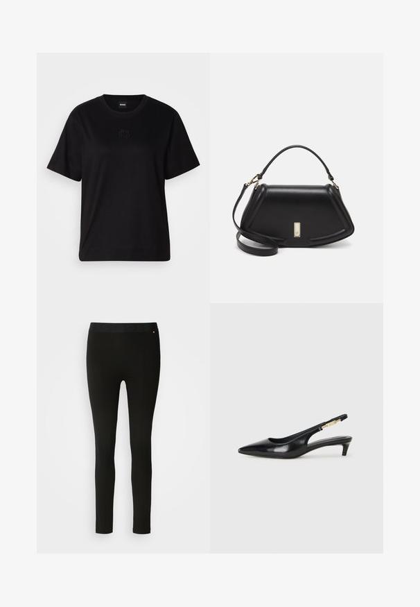 Zwarte katoenen t-shirt met een ronde hals, korte mouwen en een geborduurd logo op de borst. Eenvoudige, comfortabele pasvorm zonder patronen.; Zwarte leggings met een gladde textuur, met een flexibele tailleband en subtiele naaddetails. Geen patronen of hardware aanwezig.; Zwarte leren slingback hakken met een spitse neus, voorzien van een slanke hak en een goudkleurige accent op de verstelbare band. Gladde textuur.; Zwarte leren handtas met een gestructureerd ontwerp, featuring een verkorte vorm, bovenhandvat en gouden hardwareaccent. Inclusief verstelbare schouderband.