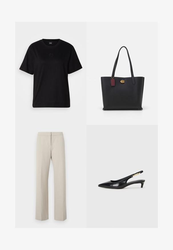 Black cotton t-shirt with a crew neckline, short sleeves, and an embroidered logo on the chest. Simple, relaxed fit with no patterns.; Beige straight-leg trousers with a flat front and no visible hardware or patterns. Made of smooth fabric, featuring a clean-cut design.; Black leather slingback heels with a pointed toe, featuring a slim heel and a gold-tone accent on the adjustable strap. Smooth texture.; Black leather tote bag with two long handles, textured finish, gold hardware, and a burgundy tag. Spacious design with an open top.