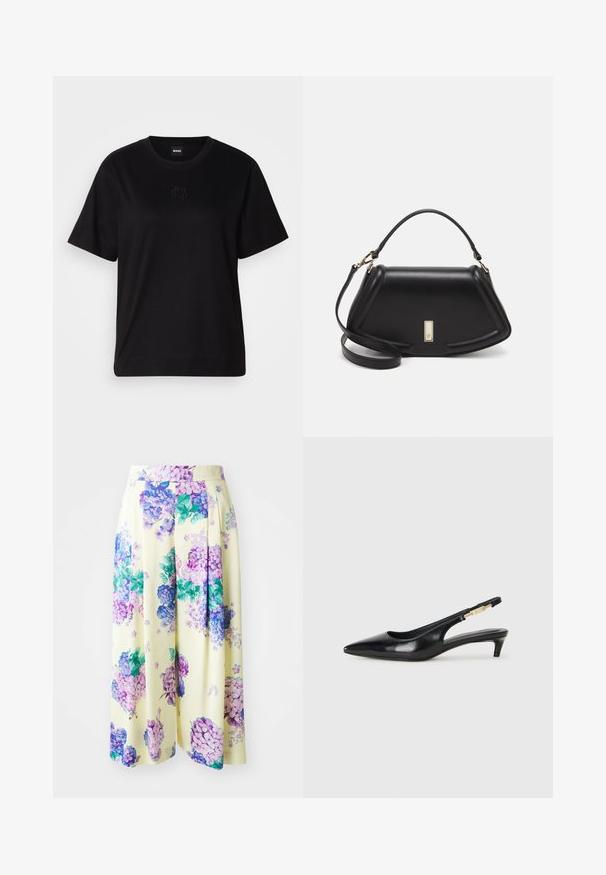 Black cotton t-shirt with a crew neckline, short sleeves, and an embroidered logo on the chest. Simple, relaxed fit with no patterns.; Marc Cain Trousers - bright vanilla; Black leather slingback heels with a pointed toe, featuring a slim heel and a gold-tone accent on the adjustable strap. Smooth texture.; Black leather handbag with a structured design, featuring a cropped shape, top handle, and gold hardware accent. Adjustable shoulder strap included.