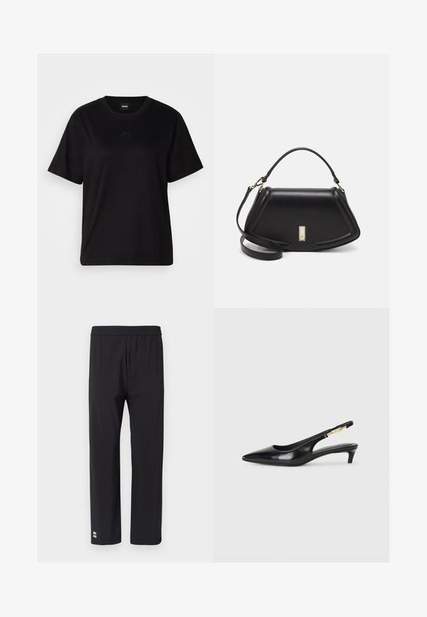 Black cotton t-shirt with a crew neckline, short sleeves, and an embroidered logo on the chest. Simple, relaxed fit with no patterns.; Black athletic pants with an elastic waistband, straight leg design, smooth texture, and a small logo at the bottom left hem.; Black leather slingback heels with a pointed toe, featuring a slim heel and a gold-tone accent on the adjustable strap. Smooth texture.; Black leather handbag with a structured design, featuring a cropped shape, top handle, and gold hardware accent. Adjustable shoulder strap included.