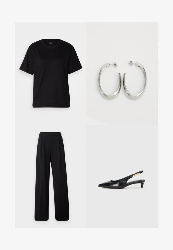 Fekete pamut póló kerek nyakkivágással, rövid ujjakkal és hímzett logóval a mellkasán. Egyszerű, laza szabás, minta nélkül.; Fekete, széles szárú nadrág sima anyagból, egyszínű kialakítással és rugalmas derékkal, látványos minták vagy díszítések nélkül.; Fekete bőr slingback magassarkúk, hegyes orral, vékony sarkakkal és arany színű részlettel a állítható pánton. Simа felület.; Ezüst karika fülbevalók sima, ívelt formával. Fényes fémes felülettel és tűs zárral rendelkeznek. Nincsenek látható minták vagy kiegészítők.