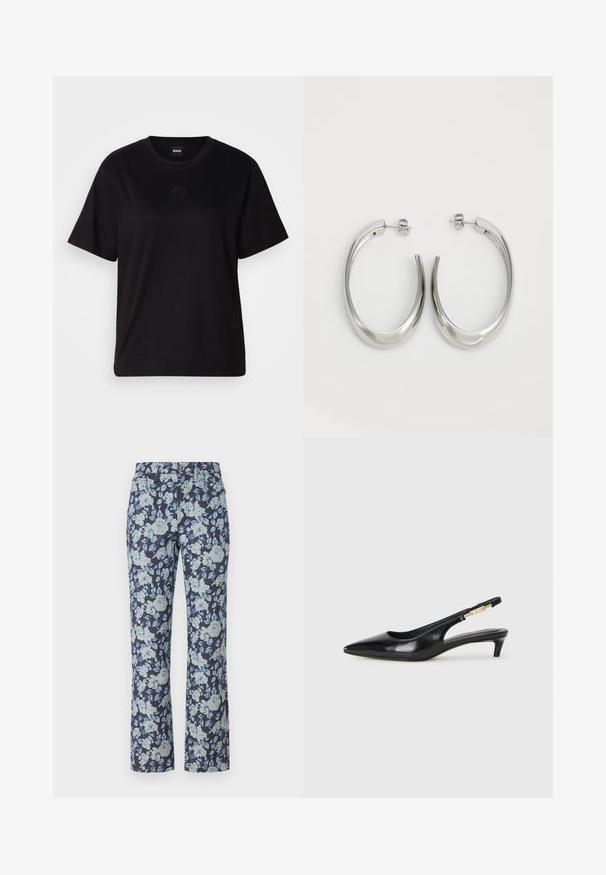 Juodas medvilninis marškinėliai su apvalia iškirpte, trumpomis rankovėmis ir siuvinėjimu ant krūtinės. Paprastas, laisvas siluetas be raštų.; Gėlių rašto džinsai, turintys tamsiai mėlyną fono spalvą ir šviesiai mėlynas gėles. Pagaminti iš džinsinio audinio, tiesaus kirpimo, su penkių kišenių dizainu.; Juodas odinis pavasario batelių modelis su smailiu nosiu, turintis siaurą kulniuką ir auksinės spalvos akcentu reguliuojamoje juostoje. Lygi tekstūra.; Sidabriniai apvalūs auskarai su lygiu, išlenktu dizainu. Yra blizgus metalinis paviršius ir smeigtukų uždarymas. Nėra matomų raštų ar akcentų.