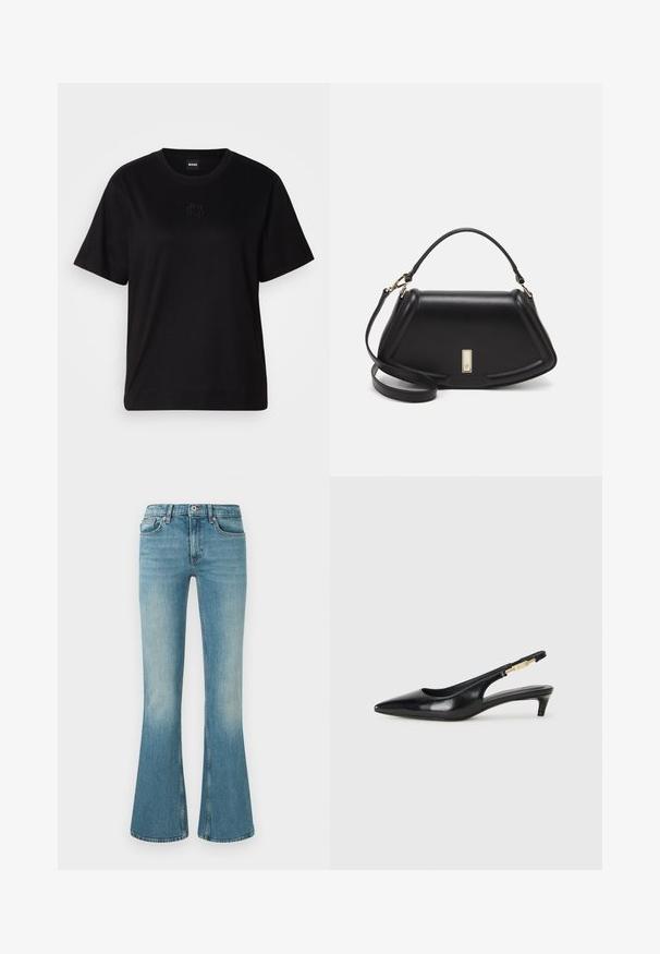 Black cotton t-shirt with a crew neckline, short sleeves, and an embroidered logo on the chest. Simple, relaxed fit with no patterns.; Flared blue denim jeans with a light wash, five pockets, stitched detailing, and a waistband with a button and zipper closure.; Black leather slingback heels with a pointed toe, featuring a slim heel and a gold-tone accent on the adjustable strap. Smooth texture.; Black leather handbag with a structured design, featuring a cropped shape, top handle, and gold hardware accent. Adjustable shoulder strap included.