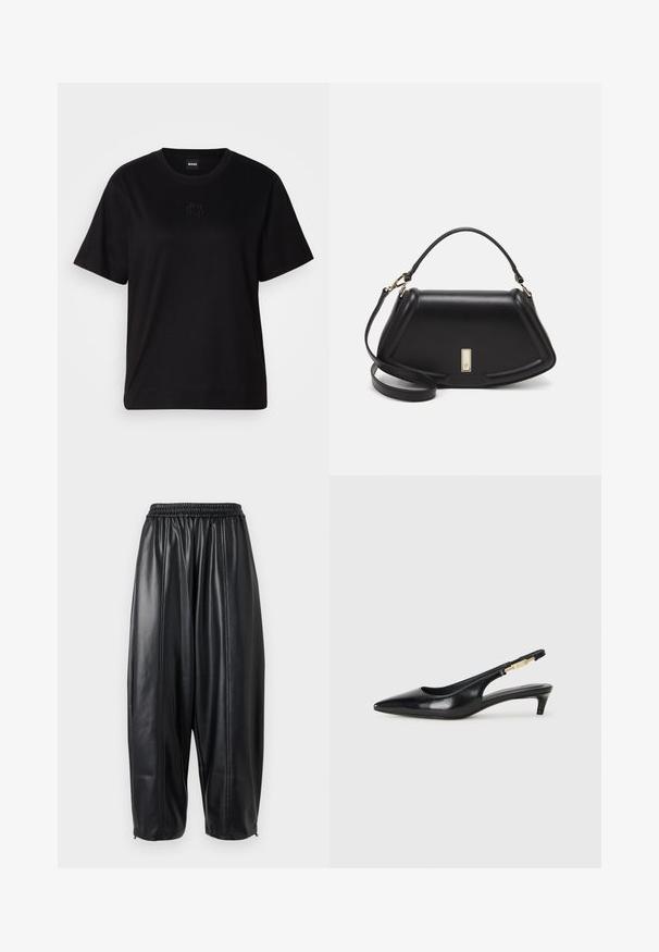 Melna kokvilnas T-krekls ar apaļu izgriezumu, īsām piedurknēm un izšūtu logotipu uz krūtīm. Vienkāršs, brīvs piegriezums bez rakstiem.; Melnas ādas bikses ar brīvu piegriezumu, kas nodrošina elastīgu jostasvietu un sašaurinātus bikses galus. Gluda tekstūra ar izšūtiem detaļām.; Melnas ādas slingback zābaki ar smailu purngalu, ar šauru papēdi un zelta krāsas akcentu uz regulējama siksniņas. Gluda tekstūra.; Melnas ādas roku soma ar struktūru, ar īsu formu, augšējo rokturi un zelta aksesuāriem. Iekļauta regulējama plecu siksna.