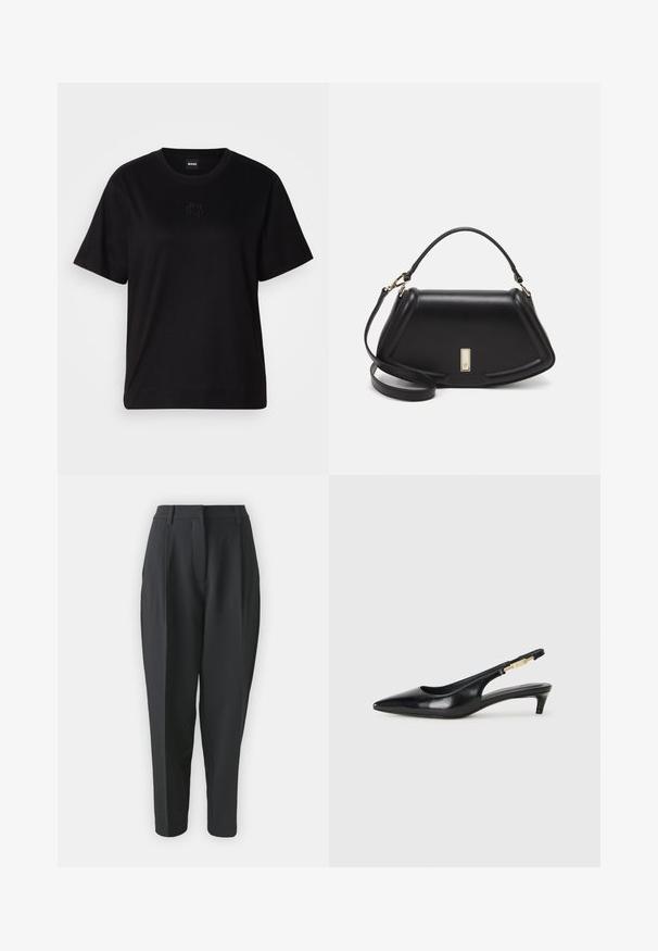 Čierne bavlnené tričko s okrúhlym výstrihom, krátkymi rukávmi a vyšívaným logom na hrudi. Jednoduchý, voľný strih bez vzorov.; Čierne splicing nohavice s vysokým pásom, záhybmi a zúženými nohavicami. Hladká látka bez viditeľných vzorov alebo ozdôb.; Čierne kožené slingback opätky s špicatou špičkou, s úzkym opätkom a zlatým detailom na nastaviteľnom remienku. Hladká textúra.; Čierna kožená kabelka so štruktúrovaným dizajnom, s krátkym tvarom, hornou rúčkou a zlatými prvkami. Súčasťou je nastaviteľný ramenný popruh.