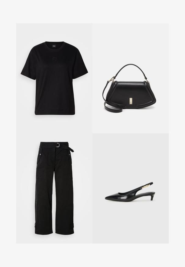 Črna bombažna majica s krožnim izrezom, kratkimi rokavi in izvezenim logotipom na prsih. Preprosta, sproščena silhueta brez vzorcev.; Črne široke hlače s pasom, več žepi in kotnimi šivi. Narejene iz trpežnega blaga z gladko teksturo.; Črne usnjene sandale na peto z ostro konico, ki imajo tanko peto in zlat ton na nastavljivem traku. Gladka tekstura.; Črna usnjena torbica s strukturnim dizajnom, ki ima skrajšano obliko, zgornji ročaj in zlate dodatke. Vključena je nastavljiva ramenska naramnica.