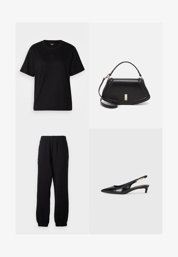 Melna kokvilnas T-krekls ar apaļu izgriezumu, īsām piedurknēm un izšūtu logotipu uz krūtīm. Vienkāršs, brīvs piegriezums bez rakstiem.; Melnas sporta bikses, kas izgatavotas no mīkstas auduma, ar elastīgu jostu un elastīgām aprocēm pie potītēm, bez redzamām rakstiem vai kabatām.; Melnas ādas slingback zābaki ar smailu purngalu, ar šauru papēdi un zelta krāsas akcentu uz regulējama siksniņas. Gluda tekstūra.; Melnas ādas roku soma ar struktūru, ar īsu formu, augšējo rokturi un zelta aksesuāriem. Iekļauta regulējama plecu siksna.