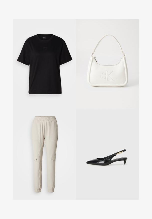 Czarny bawełniany t-shirt z okrągłym dekoltem, krótkimi rękawami i haftowanym logo na piersi. Prosty, luźny krój bez wzorów.; Beżowe spodnie jogger z elastycznym paskiem w talii, dwoma bocznymi kieszeniami i zwężanymi mankietami. Wykonane z miękkiego, lekkiego materiału.; Czarne skórzane szpilki typu slingback z ostrym noskiem, posiadające smukły obcas i złoty akcent na regulowanym pasku. Gładka tekstura.; Biała skórzana torebka o zaokrąglonym kształcie, z wytłoczonym logo "CK" z przodu i pojedynczym paskiem na ramię. Zapięcie na zamek z góry.