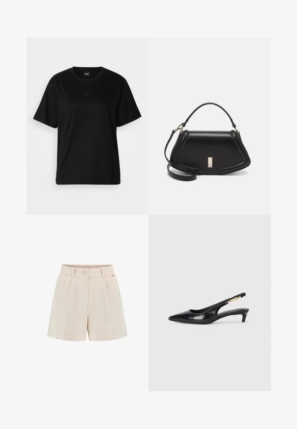 Fekete pamut póló kerek nyakkivágással, rövid ujjakkal és hímzett logóval a mellkasán. Egyszerű, laza szabás, minta nélkül.; Beige szabott nadrágshorts, pliszékkel, elülső gombzárral és oldalsó zsebekkel. Simás anyagból készült, letisztult befejezéssel és diszkrét márkázással.; Fekete bőr slingback magassarkúk, hegyes orral, vékony sarkakkal és arany színű részlettel a állítható pánton. Simа felület.; Fekete bőr kézitáska, strukturált dizájnnal, rövidített formával, felső fogantyúval és arany színű kiegészítőkkel. Állítható vállpánt is tartozik hozzá.