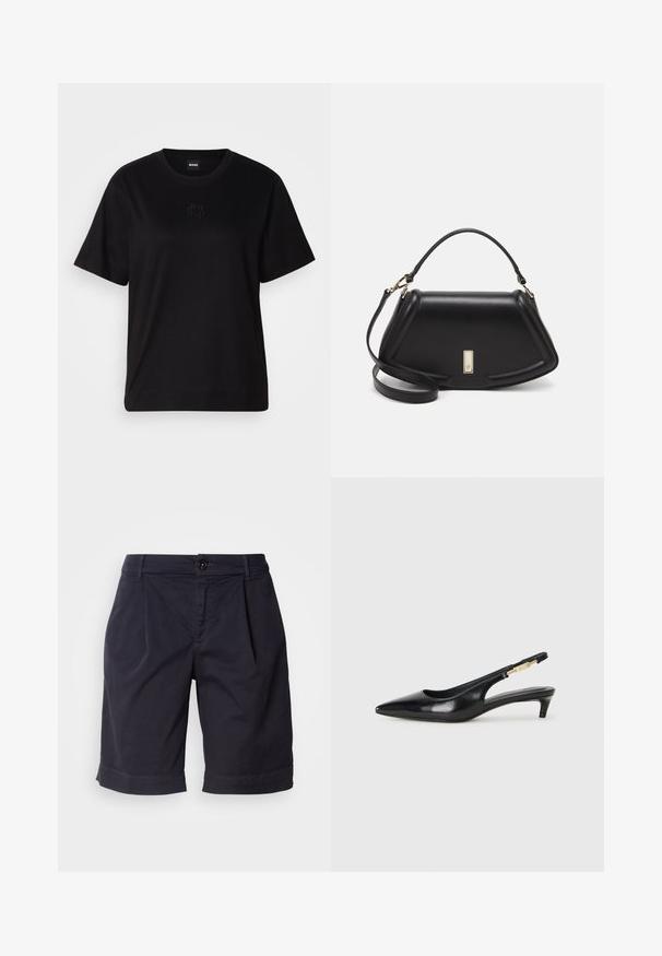 Črna bombažna majica s krožnim izrezom, kratkimi rokavi in izvezenim logotipom na prsih. Preprosta, sproščena silhueta brez vzorcev.; Temno modri bombažni kratki hlače s plisejem spredaj, z gumbom za zapiranje in obrnjenim robom. Gladka tekstura, dolžina do kolen in funkcionalna žepna odprtina.; Črne usnjene sandale na peto z ostro konico, ki imajo tanko peto in zlat ton na nastavljivem traku. Gladka tekstura.; Črna usnjena torbica s strukturnim dizajnom, ki ima skrajšano obliko, zgornji ročaj in zlate dodatke. Vključena je nastavljiva ramenska naramnica.
