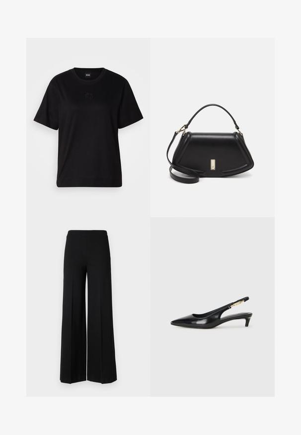 Zwarte katoenen t-shirt met een ronde hals, korte mouwen en een geborduurd logo op de borst. Eenvoudige, comfortabele pasvorm zonder patronen.; Zwarte wijde broek met een gladde textuur, voorzien van een hoge tailleband en zonder zichtbare sluitingen. Eenvoudig, strak design.; Zwarte leren slingback hakken met een spitse neus, voorzien van een slanke hak en een goudkleurige accent op de verstelbare band. Gladde textuur.; Zwarte leren handtas met een gestructureerd ontwerp, featuring een verkorte vorm, bovenhandvat en gouden hardwareaccent. Inclusief verstelbare schouderband.