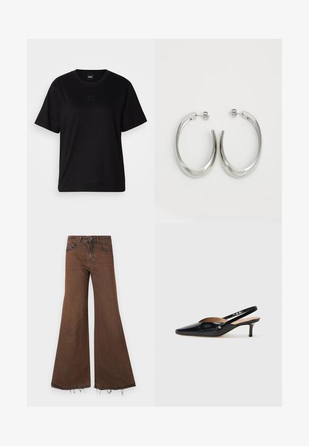 Mustmust särk, millel on ümar kaelus, lühikesed varrukad ja tindiga tikitud logo rinnal. Lihtne, mugav lõige ilma mustriteta.; Pruunid flared teksad, millel on toorserv, viie tasku ja metallist detailid. Kangas näeb välja veidi kulunud, mis muudab tekstuuri ja detailid rikkamaks.; Must mustaalk naha Slingback-kingad terava varba, väikese kontsaga ja lõikega kujundusega ülevalt. Kuldse tooni detail küljel.; Hõbe rõngas kõrvarõngad, millel on sujuv ja kõver kuju. Omab läikivat metallist viimistlust ja nupuga sulgemist. Pole nähtavaid mustreid ega aksessuaare.