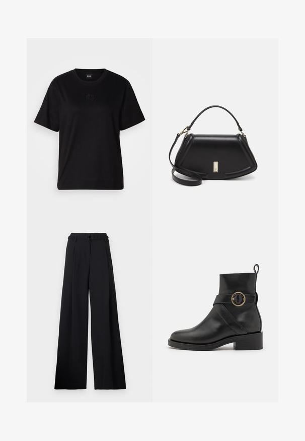 Black cotton t-shirt with a crew neckline, short sleeves, and an embroidered logo on the chest. Simple, relaxed fit with no patterns.; Black wide-leg pants with a belted, elastic waistband and sharp creases. Made from a smooth fabric with a tailored design.; BOSS IRYNA BOOTIE - Platform ankle boots - black; Black leather handbag with a structured design, featuring a cropped shape, top handle, and gold hardware accent. Adjustable shoulder strap included.