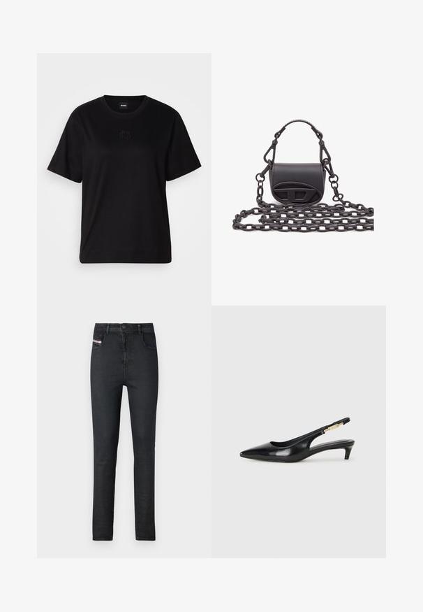 T-shirt de algodão preto com decote redondo, mangas curtas e um logótipo bordado no peito. Corte simples e descontraído, sem padrões.; Calças de ganga pretas com um corte justo. As características incluem cinco bolsos, fecho de correr e uma etiqueta de logótipo discreta no bolso da frente.; Saltos slingback em couro preto com bico fino, apresentando um salto esguio e um detalhe em tom dourado na alça ajustável. Textura suave.; Pequena bolsa preta feita de couro liso, com forma arredondada, detalhe do logótipo à frente e uma alça de corrente texturizada.
