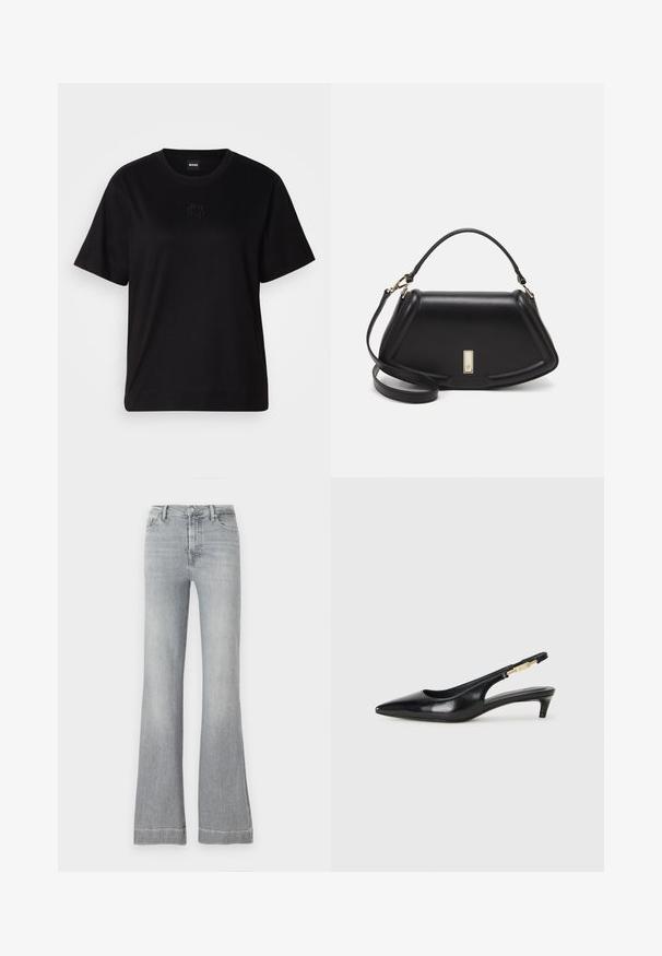 Svart bomull T-skjorte med rund hals, korte ermer og et brodert logo på brystet. Enkel, avslappet passform uten mønstre.; Lys grå denimflared jeans med høy midje, med frontlås med knapp og glidelås, fem lommer og en ren hemline.; Sorte lærreim hæler med spiss tå, som har en slank hæl og en gullfarget detalj på den justerbare stroppen. Glatt tekstur.; Sort lærveske med en strukturert design, som har en avkortet form, topphåndtak og detaljer i gull. Justerbar skulderstropp inkludert.