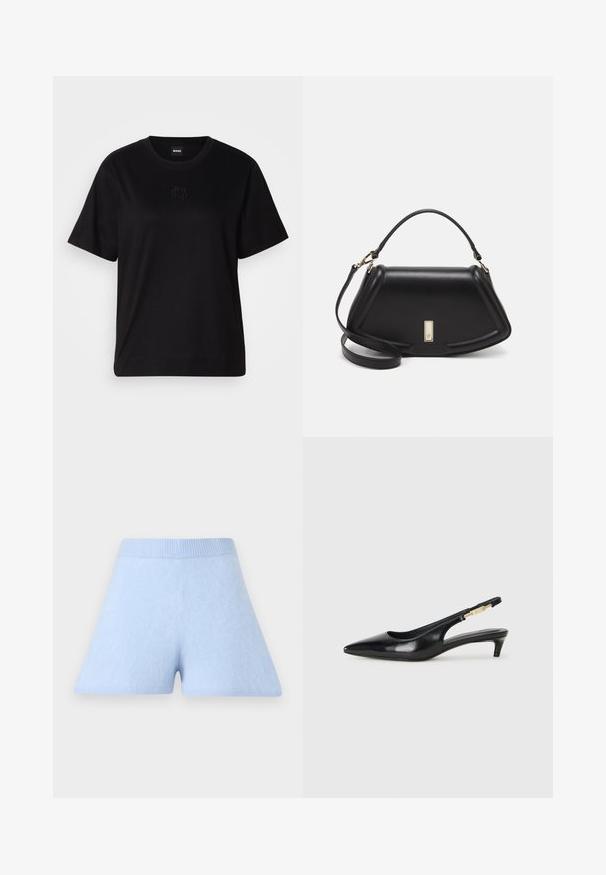 Black cotton t-shirt with a crew neckline, short sleeves, and an embroidered logo on the chest. Simple, relaxed fit with no patterns.; Light blue casual shorts made of soft material with a ribbed waist. Features a flared shape and a smooth, even texture.; Black leather slingback heels with a pointed toe, featuring a slim heel and a gold-tone accent on the adjustable strap. Smooth texture.; Black leather handbag with a structured design, featuring a cropped shape, top handle, and gold hardware accent. Adjustable shoulder strap included.