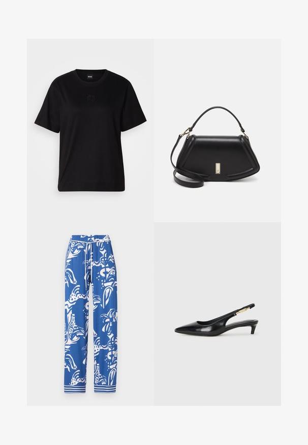 Black cotton t-shirt with a crew neckline, short sleeves, and an embroidered logo on the chest. Simple, relaxed fit with no patterns.; Blue patterned pants with a floral design in white and light pink. Features an elastic waistband and a drawstring. Accented with striped cuffs.; Black leather slingback heels with a pointed toe, featuring a slim heel and a gold-tone accent on the adjustable strap. Smooth texture.; Black leather handbag with a structured design, featuring a cropped shape, top handle, and gold hardware accent. Adjustable shoulder strap included.