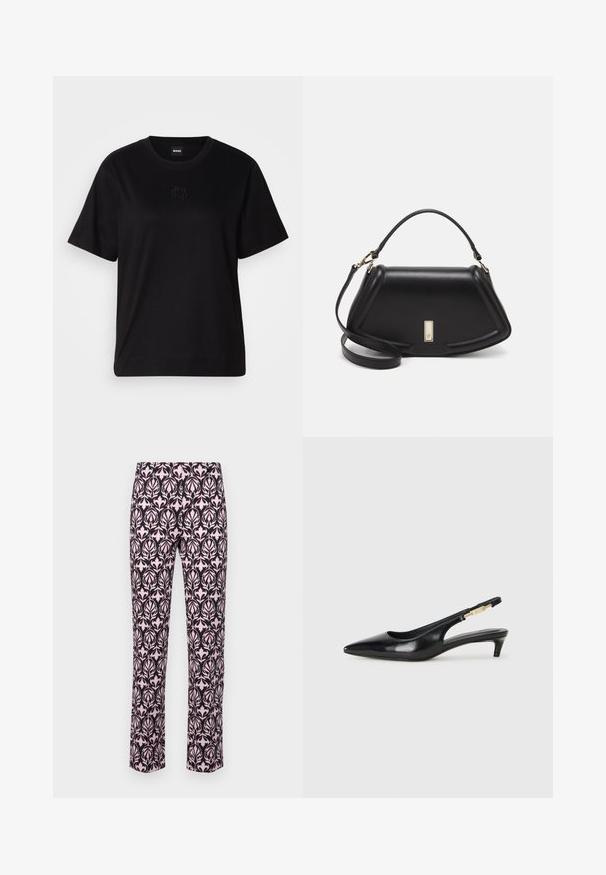 Black cotton t-shirt with a crew neckline, short sleeves, and an embroidered logo on the chest. Simple, relaxed fit with no patterns.; Patterned trousers with a floral design in pink on a dark background. Features include a straight fit and a smooth fabric texture.; Black leather slingback heels with a pointed toe, featuring a slim heel and a gold-tone accent on the adjustable strap. Smooth texture.; Black leather handbag with a structured design, featuring a cropped shape, top handle, and gold hardware accent. Adjustable shoulder strap included.