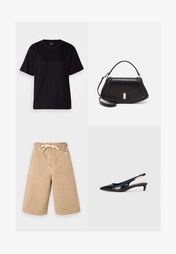Μαύρο βαμβακερό μπλουζάκι με στρογγυλή λαιμόκοψη, κοντά μανίκια και κεντημένο λογότυπο στο στήθος. Απλή, χαλαρή γραμμή χωρίς σχέδια.; Μπεζ σορτς από βαμβάκι με ελαστική ζώνη στη μέση, κορδόνι και δύο πλαϊνές τσέπες. Διαθέτει άνετη, χαλαρή εφαρμογή και ίσια πόδια.; Μαύρες δερμάτινες γόβες slingback με μυτερή μύτη, διαθέτοντας λεπτό τακούνι και χρυσή λεπτομέρεια στην ρυθμιζόμενη λωρίδα. Λείος υφές.; Μαύρη δερμάτινη τσάντα με δομημένο σχέδιο, που διαθέτει κομμένο σχήμα, επάνω λαβή και χρυσά μεταλλικά στοιχεία. Περιλαμβάνει ρυθμιζόμενο λουρί ώμου.