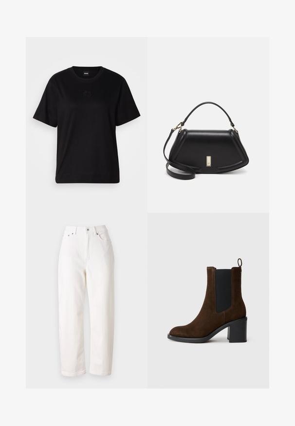 Camiseta de algodón negra con cuello redondo, mangas cortas y un logo bordado en el pecho. Ajuste simple y relajado sin patrones.; Jeans de mezclilla blanca con un diseño de pierna recta, cintura alta, cierre de cremallera y botón de metal. Cuenta con cinco bolsillos y costuras sutiles.; Botín de ante marrón hasta el tobillo con puntera redondeada, panel elástico lateral y tacón de bloque. Cuenta con una lengüeta en la parte posterior para facilitar su uso.; Bolso de mano de cuero negro con un diseño estructurado, que presenta una forma recortada, asa superior y acentos en dorado. Correa de hombro ajustable incluida.