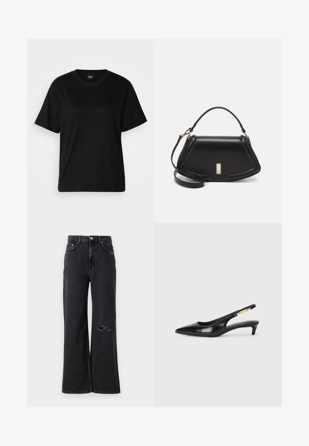 Črna bombažna majica s krožnim izrezom, kratkimi rokavi in izvezenim logotipom na prsih. Preprosta, sproščena silhueta brez vzorcev.; Široke črne jeans hlače z visokim pasom, ki vključujejo poškodbo na levem kolenu in klasične kovinske gumbe ter zakovice.; Črne usnjene sandale na peto z ostro konico, ki imajo tanko peto in zlat ton na nastavljivem traku. Gladka tekstura.; Črna usnjena torbica s strukturnim dizajnom, ki ima skrajšano obliko, zgornji ročaj in zlate dodatke. Vključena je nastavljiva ramenska naramnica.