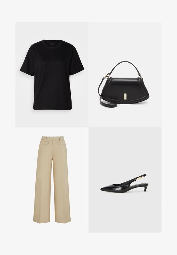 Schwarzes Baumwoll-T-Shirt mit Rundhalsausschnitt, kurzen Ärmeln und aufgesticktem Logo auf der Brust. Einfacher, lässiger Schnitt ohne Muster.; BOSS TAFELI - Stoffhose - patterned one; Schwarze Leder-Slingback-Pumps mit spitzem Schuhblatt, ausgestattet mit einem schlanken Absatz und einem goldfarbigen Akzent am verstellbaren Riemen. Glatte Textur.; Schwarze Lederhandtasche mit einem strukturierten Design, das eine verkürzte Form, einen oberen Griff und goldfarbene Hardware-Details aufweist. Verstellbarer Schulterriemen ist enthalten.