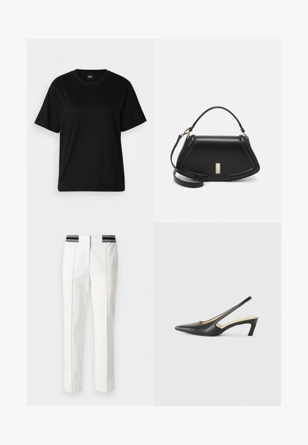 Black cotton t-shirt with a crew neckline, short sleeves, and an embroidered logo on the chest. Simple, relaxed fit with no patterns.; Marc Cain Trousers - white; Black pointy-toed slingback shoe with a low heel, featuring smooth leather material and cut-out design on the side for breathability.; Black leather handbag with a structured design, featuring a cropped shape, top handle, and gold hardware accent. Adjustable shoulder strap included.