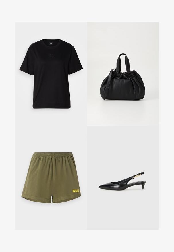 Black cotton t-shirt with a crew neckline, short sleeves, and an embroidered logo on the chest. Simple, relaxed fit with no patterns.; Olive green cotton shorts with an elastic waistband and a straight cut. Features "AMERICAN VINTAGE" logo in yellow on the bottom right.; Black leather slingback heels with a pointed toe, featuring a slim heel and a gold-tone accent on the adjustable strap. Smooth texture.; Black leather handbag with a gathered top design, featuring two short handles and a long adjustable strap. Smooth texture, rounded shape.