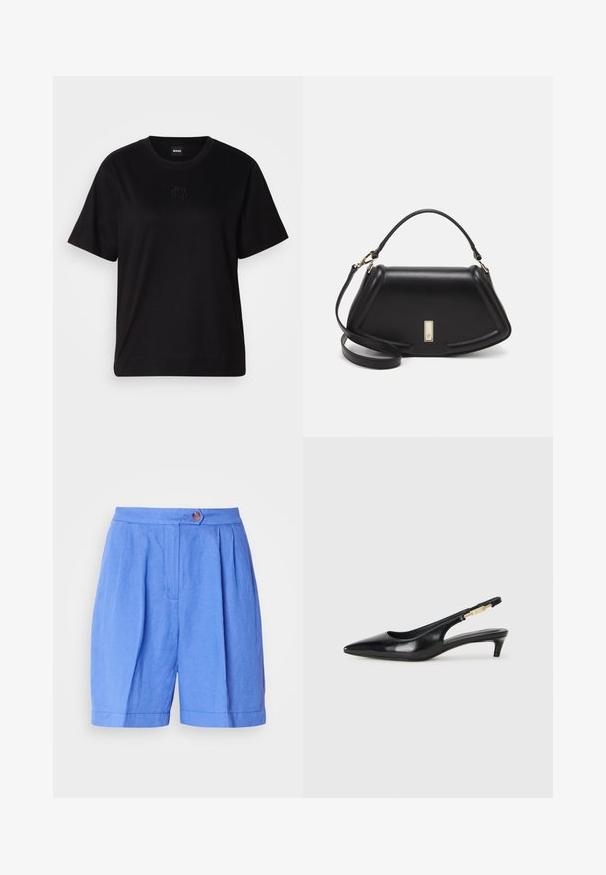 T-shirt en coton noir avec un col rond, des manches courtes et un logo brodé sur la poitrine. Coupe simple et décontractée sans motifs.; Shorts en lin bleu avec des plis, une fermeture à bouton et une coupe droite. Présentent une texture lisse et un ourlet qui tombe au-dessus du genou.; Talons hauts en cuir noir avec un bout pointu, dotés d'un talon fin et d'un accent en ton or sur la lanière réglable. Texture lisse.; Sac à main en cuir noir avec un design structuré, featuring une forme cropped, une poignée supérieure et des accents en matériel doré. Bandoulière réglable incluse.