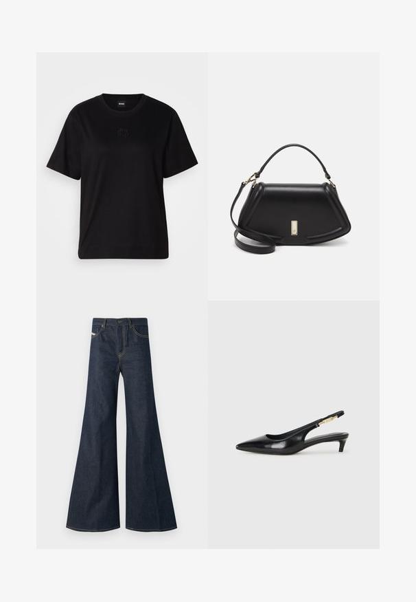 Črna bombažna majica s krožnim izrezom, kratkimi rokavi in izvezenim logotipom na prsih. Preprosta, sproščena silhueta brez vzorcev.; Temno modri široki jeans iz denima, z visokim pasom, z zlatimi niti in dvema sprednjima žepoma z gumbom.; Črne usnjene sandale na peto z ostro konico, ki imajo tanko peto in zlat ton na nastavljivem traku. Gladka tekstura.; Črna usnjena torbica s strukturnim dizajnom, ki ima skrajšano obliko, zgornji ročaj in zlate dodatke. Vključena je nastavljiva ramenska naramnica.
