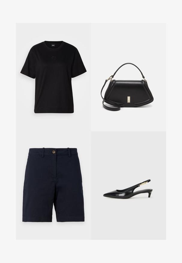 Juodas medvilninis marškinėliai su apvalia iškirpte, trumpomis rankovėmis ir siuvinėjimu ant krūtinės. Paprastas, laisvas siluetas be raštų.; Tamsiai mėlyni medvilniniai šortai su sagčių uždarymu, dirželio kilpelėmis ir tiesiu kojų dizainu. Lygi tekstūra, be matomų raštų.; Juodas odinis pavasario batelių modelis su smailiu nosiu, turintis siaurą kulniuką ir auksinės spalvos akcentu reguliuojamoje juostoje. Lygi tekstūra.; Juoda odinė rankinė su struktūrizuotu dizainu, turi trumpą formą, viršutinę rankeną ir auksinius akcentus. Pridėtas reguliuojamas peties diržas.