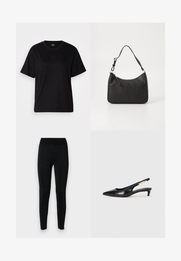 Black cotton t-shirt with a crew neckline, short sleeves, and an embroidered logo on the chest. Simple, relaxed fit with no patterns.; Black leggings with a ribbed waistband, made of textured fabric with a subtle metallic sheen, featuring zippers at the ankle hems.; Black leather slingback heels with a pointed toe, featuring a slim heel and a gold-tone accent on the adjustable strap. Smooth texture.; Black leather handbag with a curved shape, a single strap, zip closure, and subtle branding on the front. Smooth texture, minimalist design.