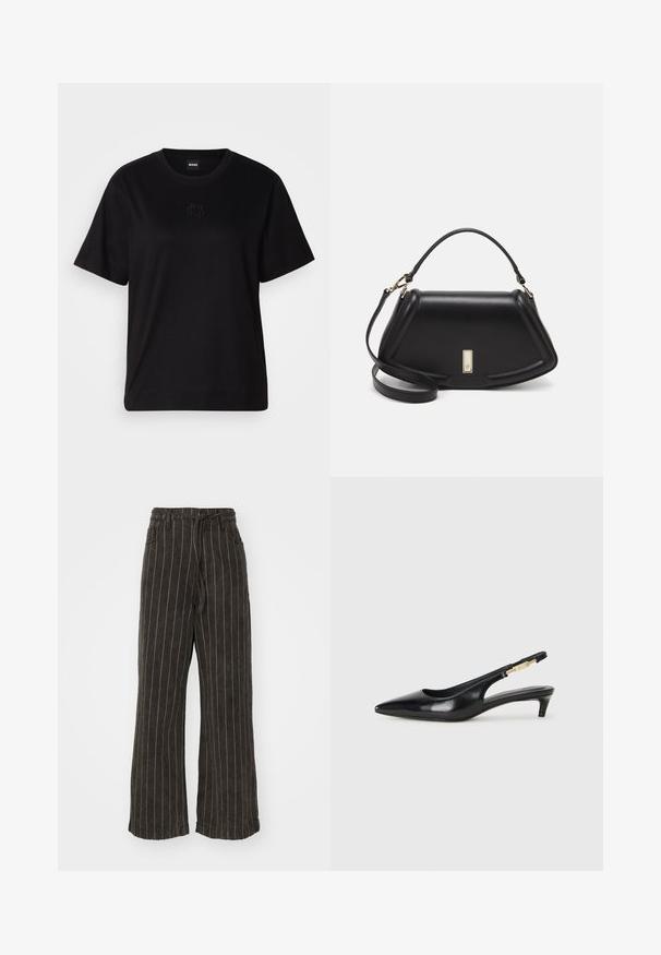Black cotton t-shirt with a crew neckline, short sleeves, and an embroidered logo on the chest. Simple, relaxed fit with no patterns.; Wide-leg trousers in dark gray fabric with white vertical stripes. Features a high waist and drawstring closure. Includes side pockets.; Black leather slingback heels with a pointed toe, featuring a slim heel and a gold-tone accent on the adjustable strap. Smooth texture.; Black leather handbag with a structured design, featuring a cropped shape, top handle, and gold hardware accent. Adjustable shoulder strap included.