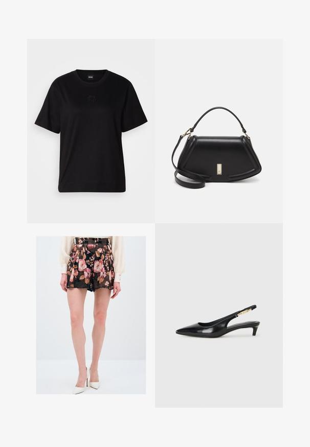 Zwarte katoenen t-shirt met een ronde hals, korte mouwen en een geborduurd logo op de borst. Eenvoudige, comfortabele pasvorm zonder patronen.; Bloemige shorts van donkere stof met roze en beigerode bloemen, gegolfde zoom en riemlussen, gecombineerd met witte hoge hakken.; Zwarte leren slingback hakken met een spitse neus, voorzien van een slanke hak en een goudkleurige accent op de verstelbare band. Gladde textuur.; Zwarte leren handtas met een gestructureerd ontwerp, featuring een verkorte vorm, bovenhandvat en gouden hardwareaccent. Inclusief verstelbare schouderband.