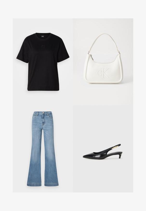 Zwarte katoenen t-shirt met een ronde hals, korte mouwen en een geborduurd logo op de borst. Eenvoudige, comfortabele pasvorm zonder patronen.; Lichtblauwe uitlopende jeans van denim, met een hoge taille, voorzakken en een zoom met een lichte vervaging voor textuur.; Zwarte leren slingback hakken met een spitse neus, voorzien van een slanke hak en een goudkleurige accent op de verstelbare band. Gladde textuur.; Witte lederen handtas met een gebogen vorm, voorzien van een reliëf "CK" logo aan de voorkant en een enkele schouderriem. Ritsluiting aan de bovenkant.