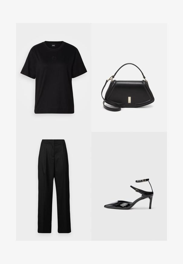 T-shirt en coton noir avec un col rond, des manches courtes et un logo brodé sur la poitrine. Coupe simple et décontractée sans motifs.; Pantalons larges noirs en tissu lisse, présentant une taille haute et des plis avant pour une allure tailleur. Pas de poches visibles.; Talons en cuir verni noir avec un bout pointu, des sangles de cheville ajustables et un talon fin. Texture lisse avec une finition brillante.; Sac à main en cuir noir avec un design structuré, featuring une forme cropped, une poignée supérieure et des accents en matériel doré. Bandoulière réglable incluse.