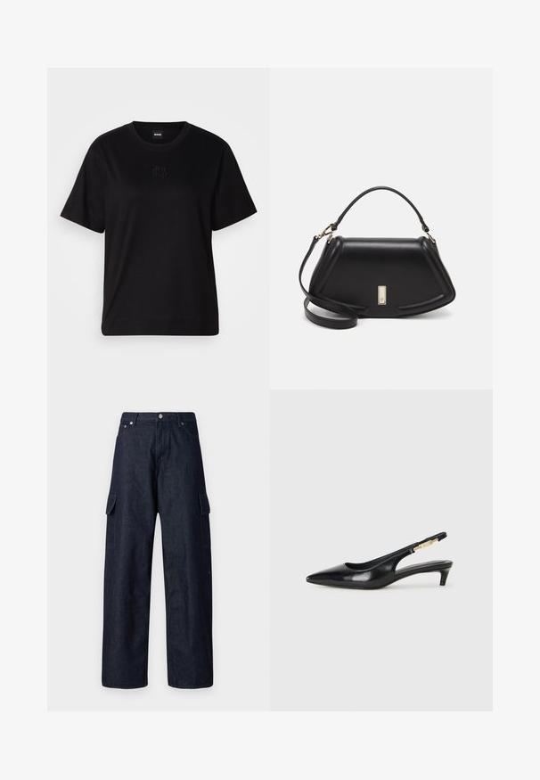 Zwarte katoenen t-shirt met een ronde hals, korte mouwen en een geborduurd logo op de borst. Eenvoudige, comfortabele pasvorm zonder patronen.; Donkerdenim cargobroek met wijde pijpen, voorzien van twee zijzakken, een knoopsluiting en een duurzame stoftextuur.; Zwarte leren slingback hakken met een spitse neus, voorzien van een slanke hak en een goudkleurige accent op de verstelbare band. Gladde textuur.; Zwarte leren handtas met een gestructureerd ontwerp, featuring een verkorte vorm, bovenhandvat en gouden hardwareaccent. Inclusief verstelbare schouderband.