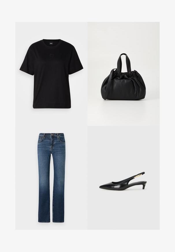 Svart bomullströja med rund halsringning, korta ärmar och en broderad logotyp på bröstet. Enkel, avslappnad passform utan mönster.; Mörkblå denimjeans med rak bendesign, hög midja, subtila blekningar, fem fickor och metalldragknapp.; Svart läder slingback-hälar med spetsig tå, med en smal klack och en guldtonad detalj på den justerbara remmen. Slät textur.; Svart läderhandväska med en samlad toppdesign, som har två korta handtag och ett långt justerbart axelband. Slät textur, rund form.