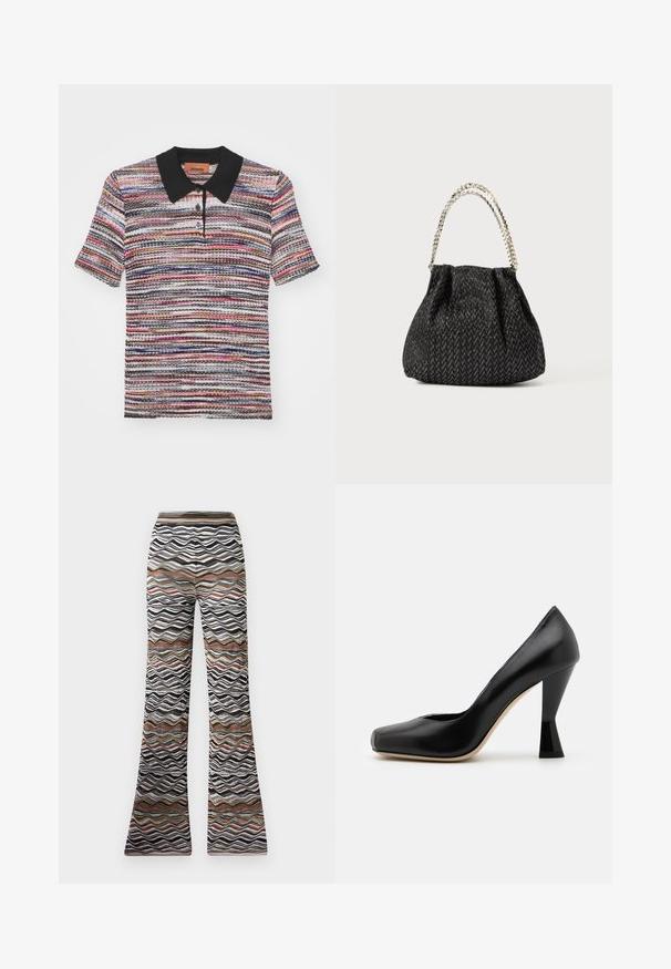 Missoni Polo shirt - multicolor/red/pink/blu; Flared pants featuring a wavy pattern in black, white, and shades of brown. Soft fabric with a stretchy waistband for comfort.; Black leather high-heeled shoe with a square toe and a uniquely shaped glossy black heel. Smooth texture and simple design.; Black textured handbag with a herringbone pattern, gathered design, and a metallic chain handle. Soft fabric offers a sleek appearance.