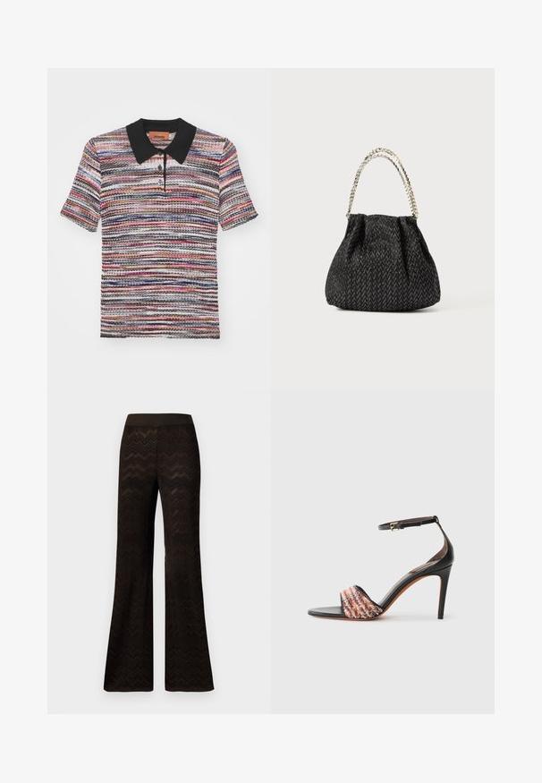 Missoni Poloshirt - multicolor/red/pink/blu; Zwarte wijde broek met een zigzagbreipatroon en elastische tailleband, tentoongesteld tegen een eenvoudige witte achtergrond.; Zwarte hak sandaal met een enkelbandje. Kenmerkt zich door een textuur, multicolor stoffen band over de tenen. Gladde leren afwerking.; Zwarte handtas met een textuur en een visgraatpatroon, geplooid ontwerp en een metallic kettinghandvat. Het zachte stof geeft een elegante uitstraling.
