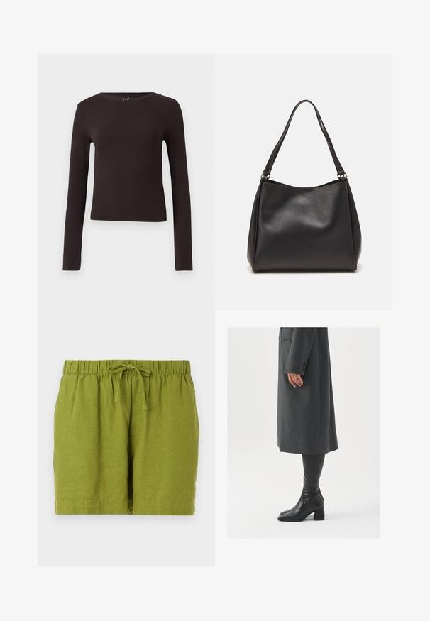 Dlouhá rukávová halenka v tmavě hnědé barvě, vyrobená z měkké elastické tkaniny. Má kulatý výstřih a přiléhavý střih, ideální na vrstvení.; Zelené lněné kraťasy s elastickým pasem a nastavitelným šňůrkem, se volným střihem a rovním lemem.; Šedý padnoucí kabát s rovnou siluetou; kombinovaný s černými koženými botami nad kolena s hranatou špičkou a masivním podpatkem.; Černá dámská kabelka z umělé kůže s jemnou texturou, tvaru hobo a dvojitými ramenními popruhy; má lesklý povrch a minimalistický design.