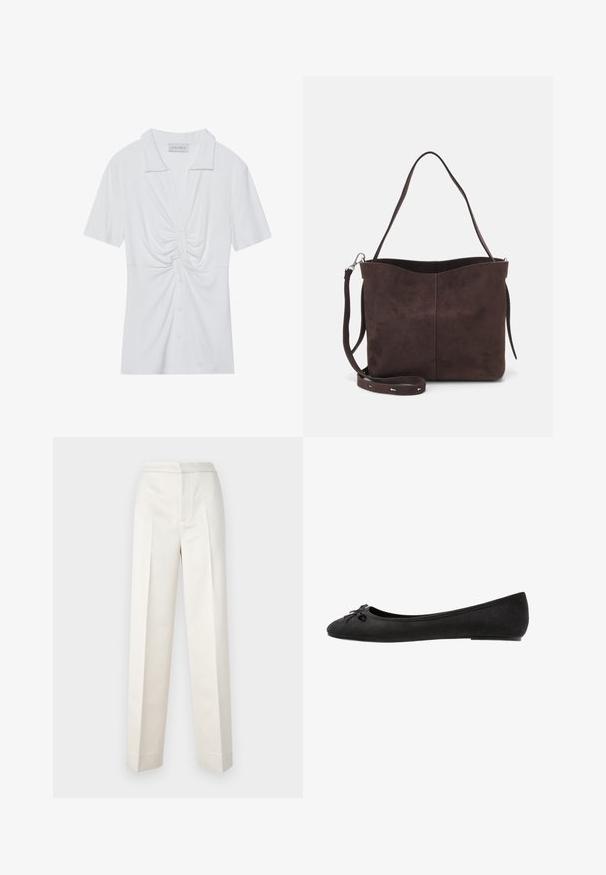 White short-sleeve blouse with a collar, featuring a twisted knot detail at the front and a button-down placket. Smooth ribbed texture.; Cream-colored trousers with a tailored fit, featuring a straight leg, smooth fabric, front pleats, and clean hem. Minimalist design.; Black suede ballet flats with a rounded toe, featuring a decorative bow on the front and a flat sole design. Smooth texture and classic shape.; Brown suede tote bag with a soft texture, featuring a single shoulder strap and a subtle curved top opening. No visible hardware details.