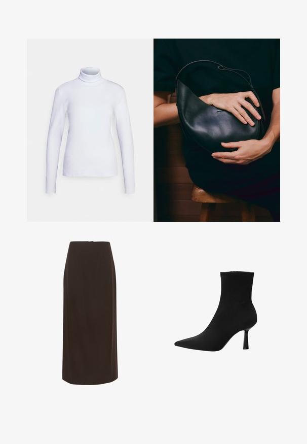 Biely rolák s dlhým rukávom, vyrobený z hladkého materiálu. Tvarovaný dizajn s minimálnymi švami, s vysokým golierom a rovnou lemom.; Tmavohnedá sukňa v dĺžke po kolená, strihovo tesná, s hladkým povrchom, prednými záhybmi a skrytým zipsom na zadnej strane. Bez viditeľných ozdôb.; Čierne členkové čižmy z hladkej látky, s špicatou špičkou a štíhlým stiletto podpätkom, s bezšvovým dizajnom a bez viditeľných kovových častí.; Čierna kožená kabelka s jedinečným tvarom polmesiaca. Vyznačuje sa minimalistickým dizajnom, hladkou textúrou a nenápadným logom. Nastaviteľný popruh.