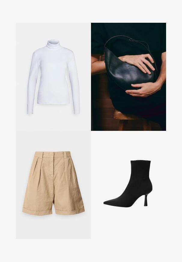 Biely rolák s dlhým rukávom, vyrobený z hladkého materiálu. Tvarovaný dizajn s minimálnymi švami, s vysokým golierom a rovnou lemom.; Béžové ľanové šortky s vysokým pásom, dvoma prednými záhybmi a stočenými manžetami. Hladká textúra s prispôsobeným strihom.; Čierne členkové čižmy z hladkej látky, s špicatou špičkou a štíhlým stiletto podpätkom, s bezšvovým dizajnom a bez viditeľných kovových častí.; Čierna kožená kabelka s jedinečným tvarom polmesiaca. Vyznačuje sa minimalistickým dizajnom, hladkou textúrou a nenápadným logom. Nastaviteľný popruh.