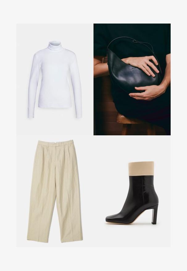 Witte coltrui met lange mouwen, gemaakt van een gladde stof. Strak model met minimale naden, voorzien van een hoge hals en een rechte zoom.; Beige linnen broek met een wijd uitlopende snit, voorzien van voorplooien, zijzakken en een soepele textuur. Klassieke snit en veelzijdige stijl.; Zwarte leren enkelboot met een crème-accent aan de bovenkant, spitse neus en een hoge hak met zilverkleurige accenten. Gladde textuur zonder zichtbare patronen.; Zwarte leren handtas met een unieke halvemaanvorm. Heeft een minimalistisch ontwerp, een soepele textuur en een subtiel logo. Verstelbare schouderband.